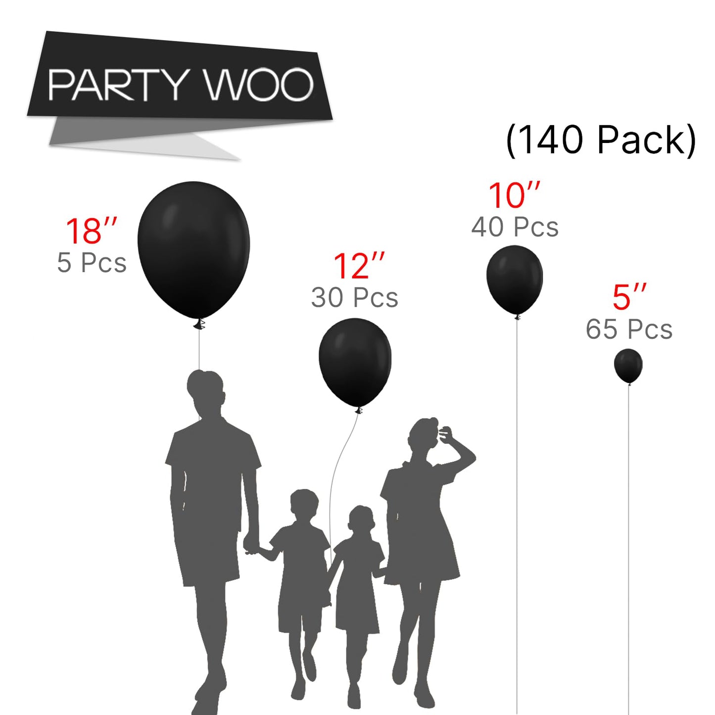 PartyWoo Black Balloons 140 Pcs | 18/12/10/5 Inch Arch Kit Garland for Parties