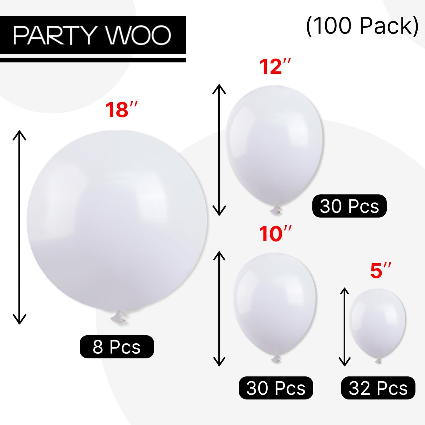 PartyWoo White Balloons - 100pcs Matte Latex Arch Kit (18/12/10/5in) for Weddings & Celebrations