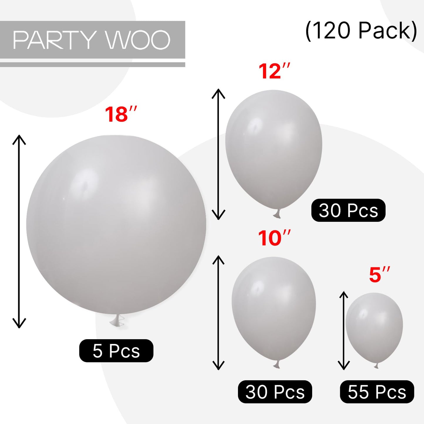 PartyWoo Gray Balloons 120pcs Matte Latex Balloon Arch Kit 18/12/10/5 Inch for Baby Shower Graduation Wedding | Gray-Y71