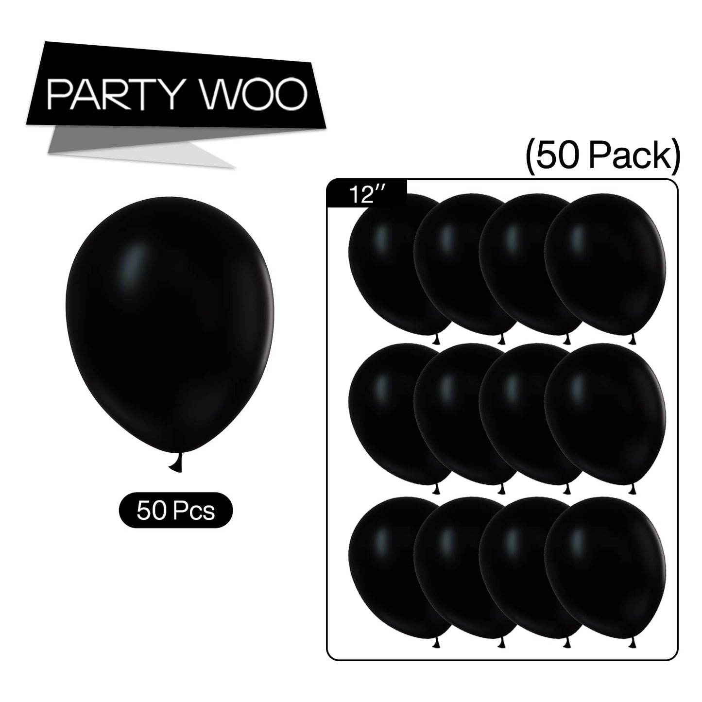 PartyWoo Matte Black Balloons – 50 Pcs, 12" Latex, Helium Ready