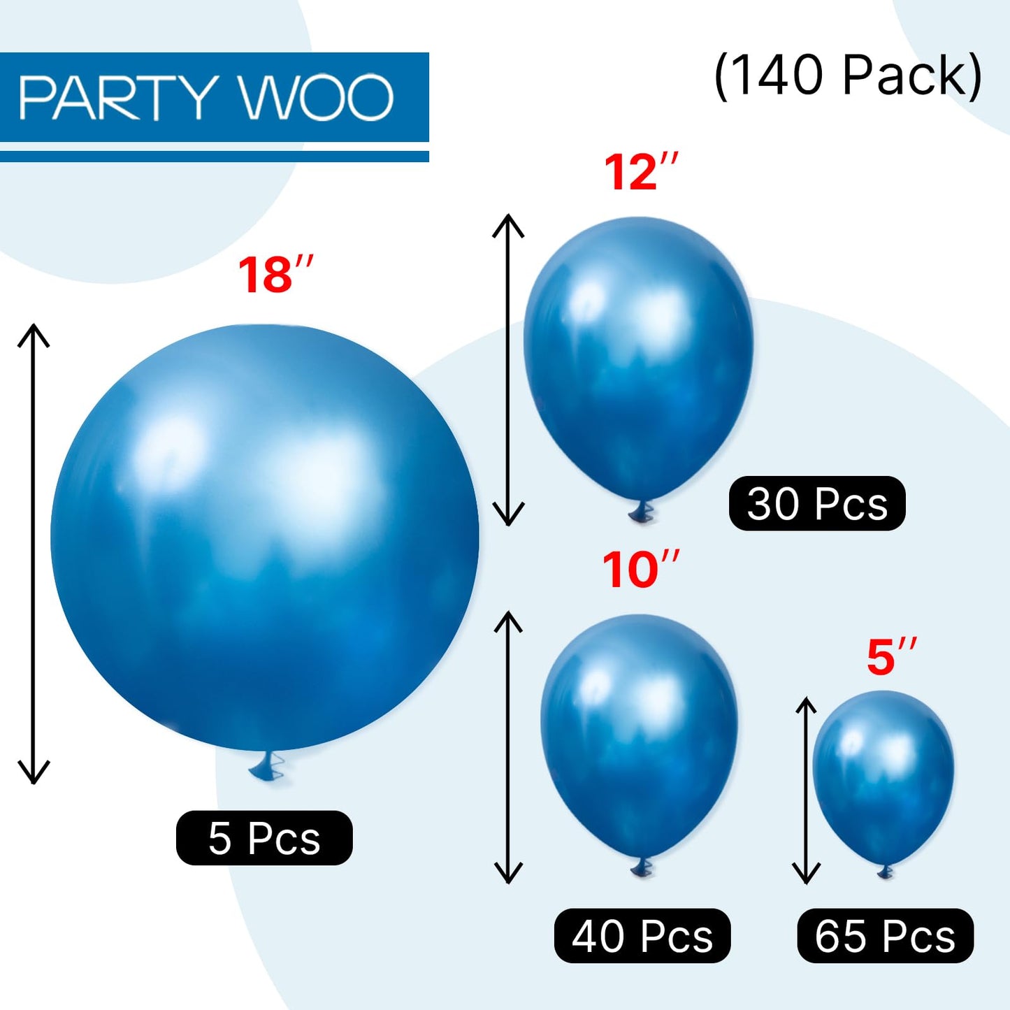 PartyWoo Metallic Blue Balloons 140pcs – Chrome Blue Latex Set (18/12/10/5) for Weddings, Birthdays & More