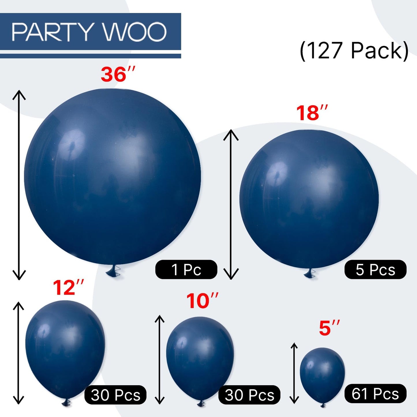 PartyWoo Navy Blue Balloons Kit – 127 Pcs (36, 18, 12, 10, 5in) for Graduation, Weddings & Parties