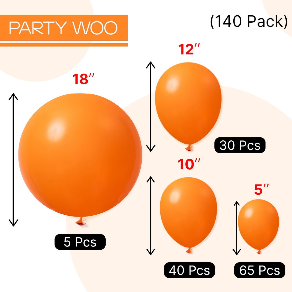 PartyWoo Orange Balloons 140pcs | Matte 18/12/10/5 Inch Balloon Arch Kit