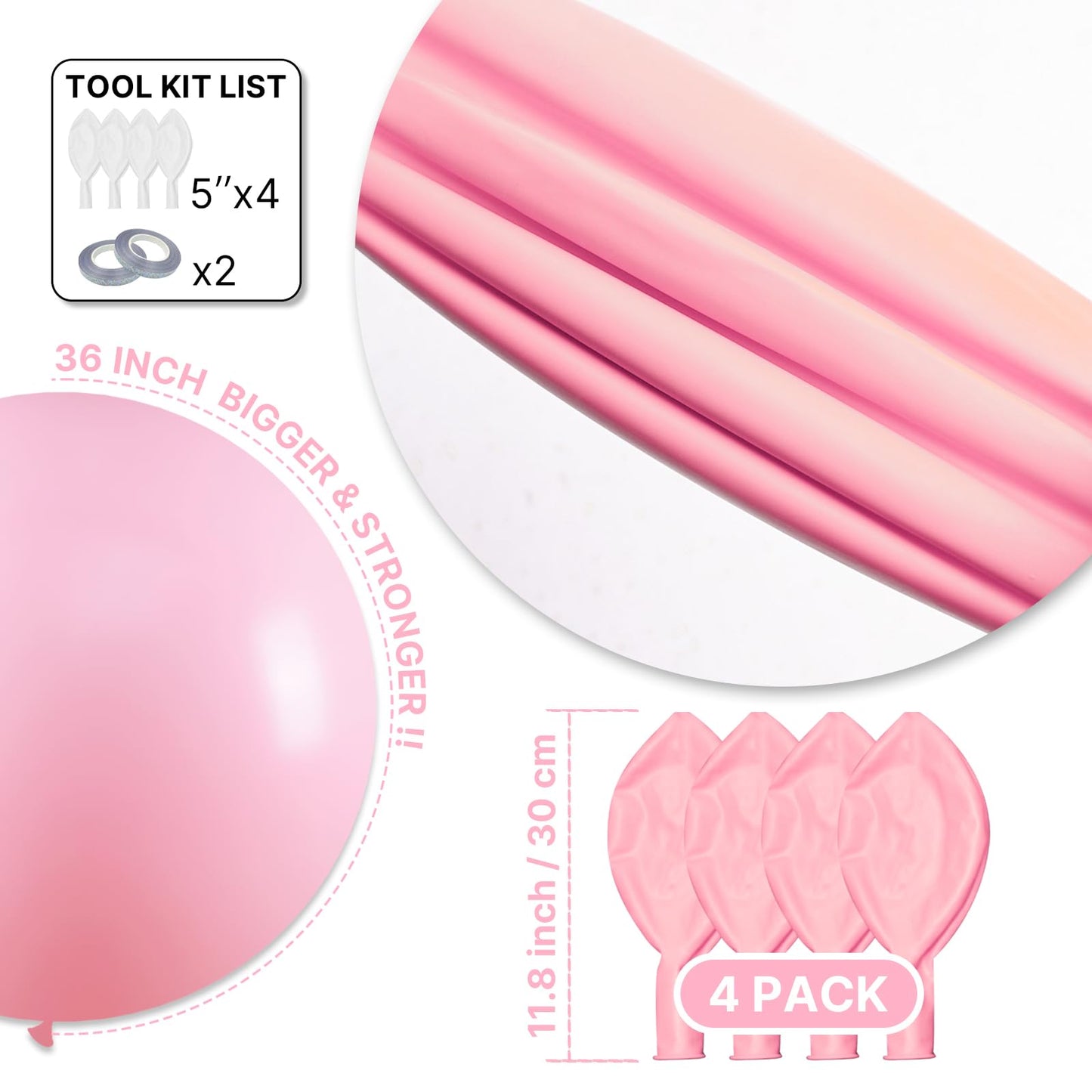 PartyWoo Baby Pink 36in Balloons – 4pc Pastel Latex for Baby Showers & Celebrations