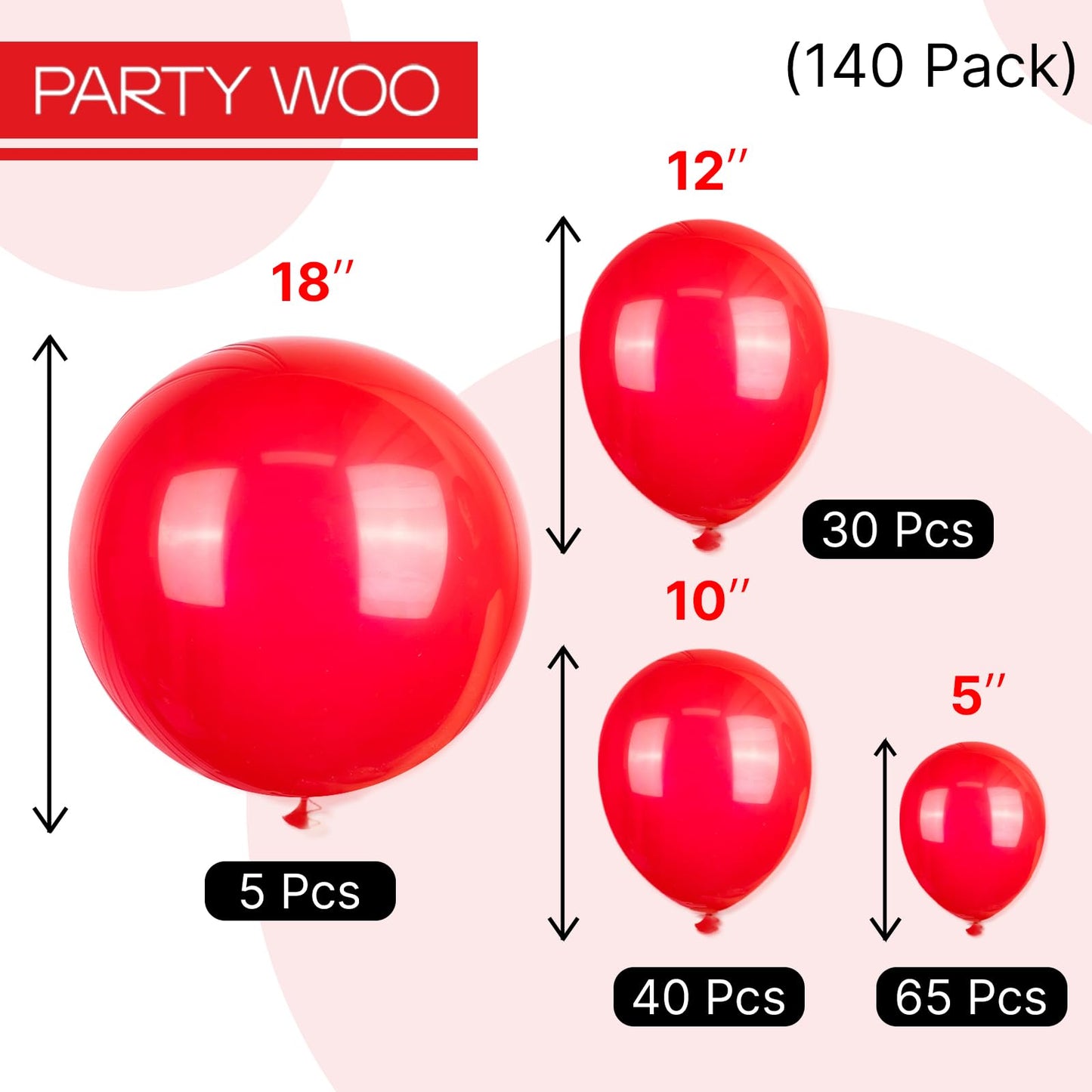 PartyWoo Red Balloons 140 pcs – Mixed Sizes 18/12/10/5 inch Balloon Arch Kit for Celebrations