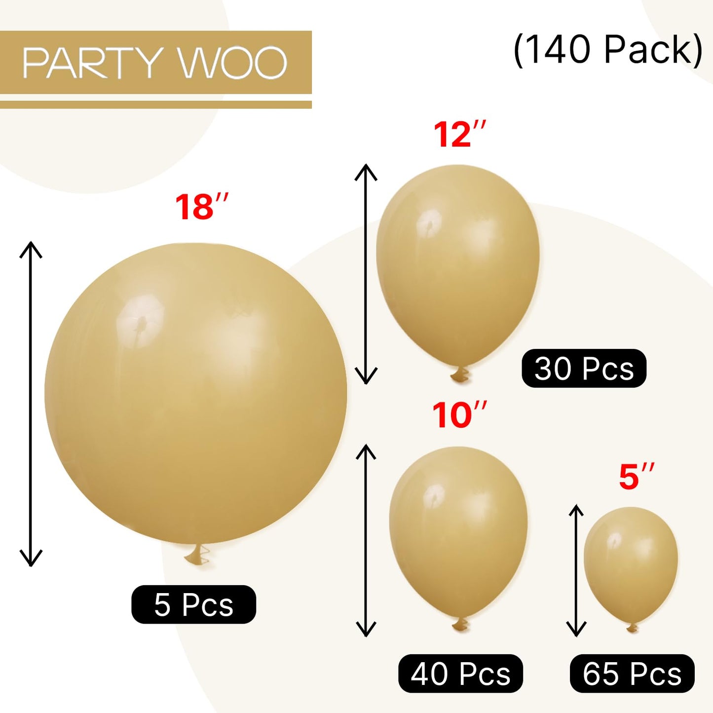 PartyWoo Tan Balloons 140pcs – 18/12/10/5in Neutral Boho Balloon Arch Kit for Wedding, Baby Shower, Safari