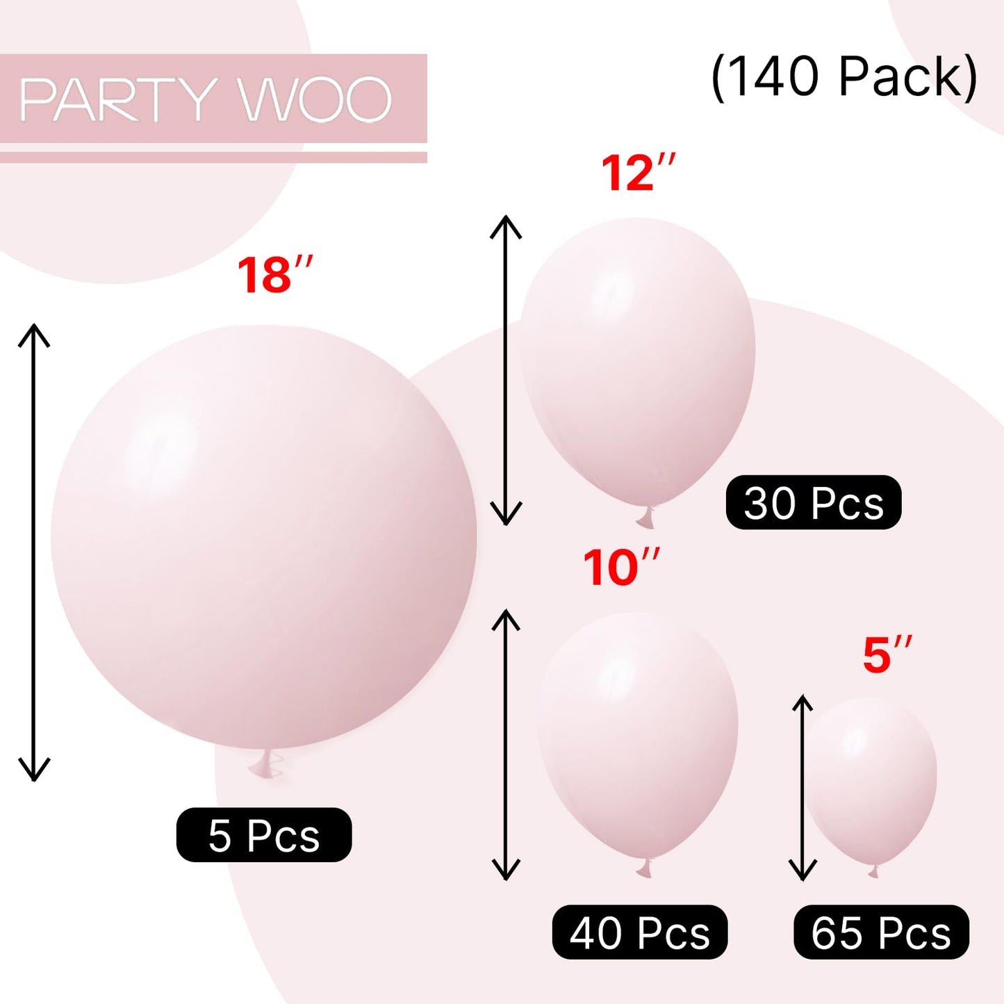 PartyWoo Pale Pink Balloons 140pcs Arch Kit – 18, 12, 10 & 5 in Light Pastel Pink