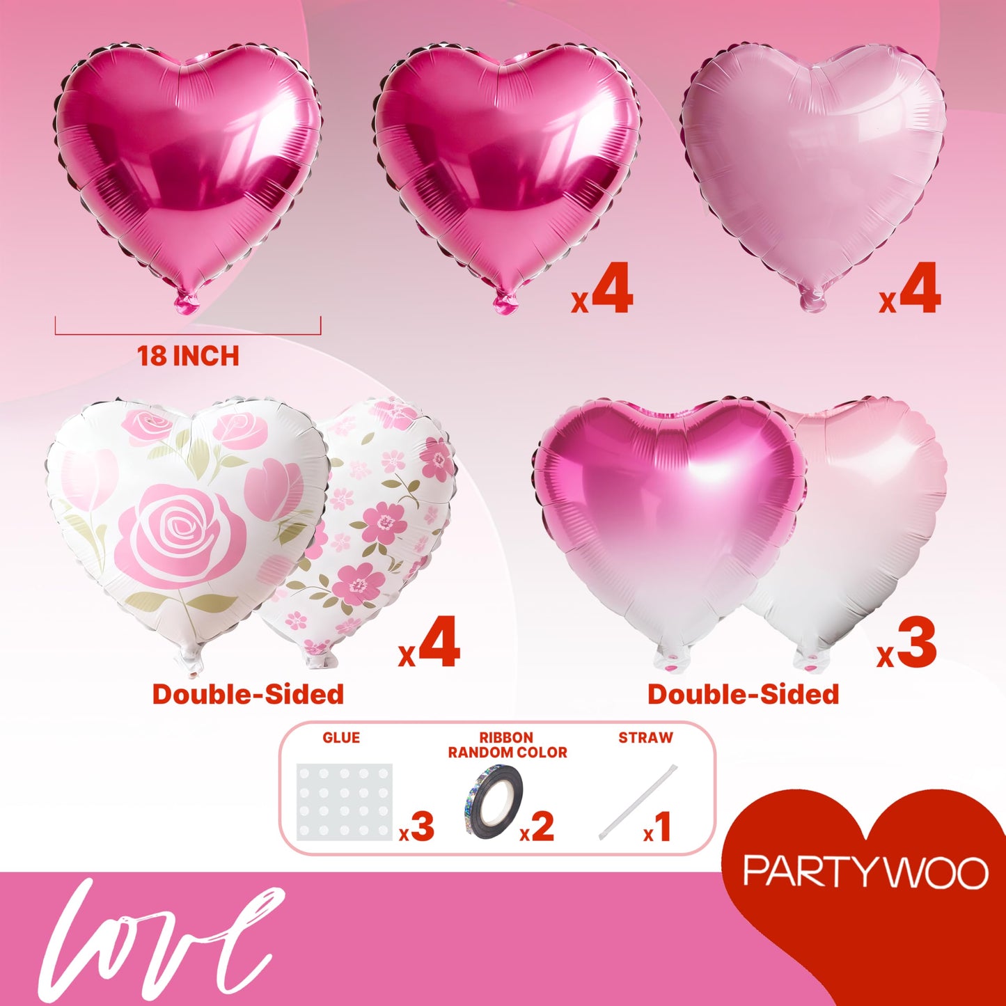 PartyWoo Valentine's Balloons 15pcs 18in Pink, Hot Pink & White Foil Heart Balloons – Romantic Decor for Valentine’s Day & More
