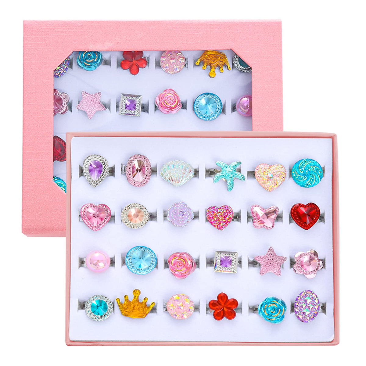 PASEMM 24-Piece Adjustable Little Girl Rings Set in Pink Gift Box | Non-Duplicate Dress-Up Jewelry for Ages 4-12