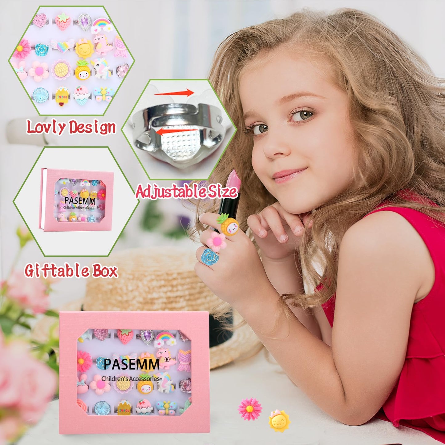 PASEMM 24-Piece Adjustable Little Girl Rings | No Duplication Dress-Up Set