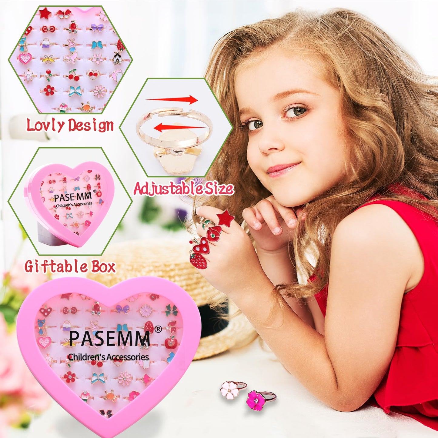 PASEMM 36pc Adjustable Little Girl Rings | Colorful Dress-Up Jewelry for Kids 4–12