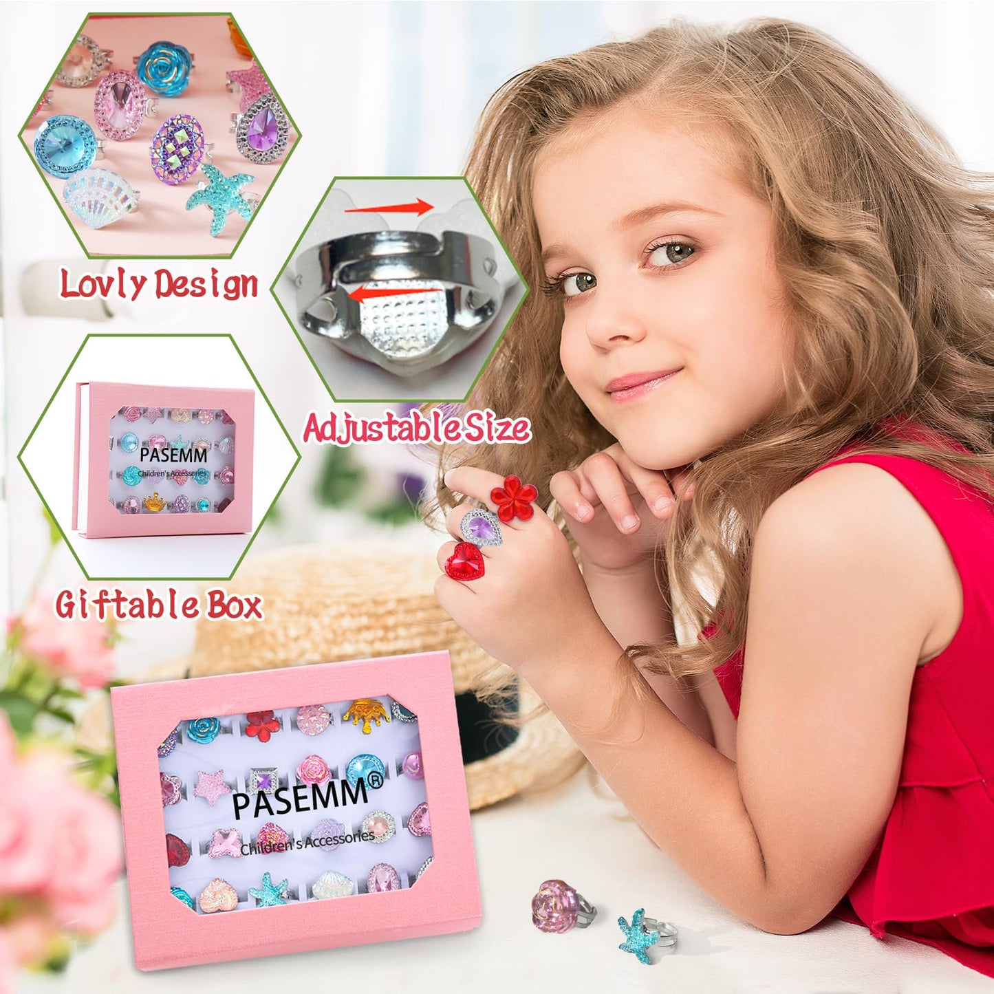 PASEMM 24-Piece Adjustable Little Girl Rings Set in Pink Gift Box | Non-Duplicate Dress-Up Jewelry for Ages 4-12