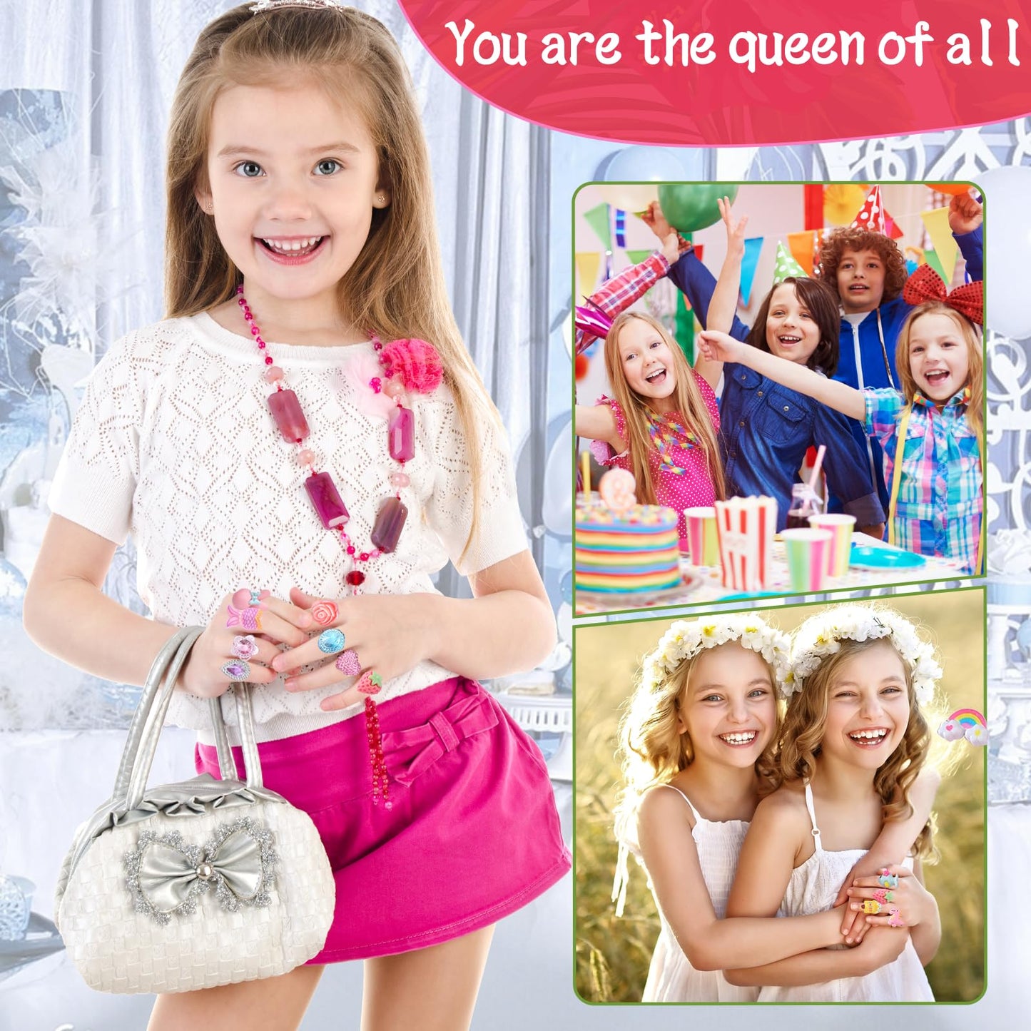 PASEMM 24-Piece Adjustable Little Girl Rings | No Duplication Dress-Up Set