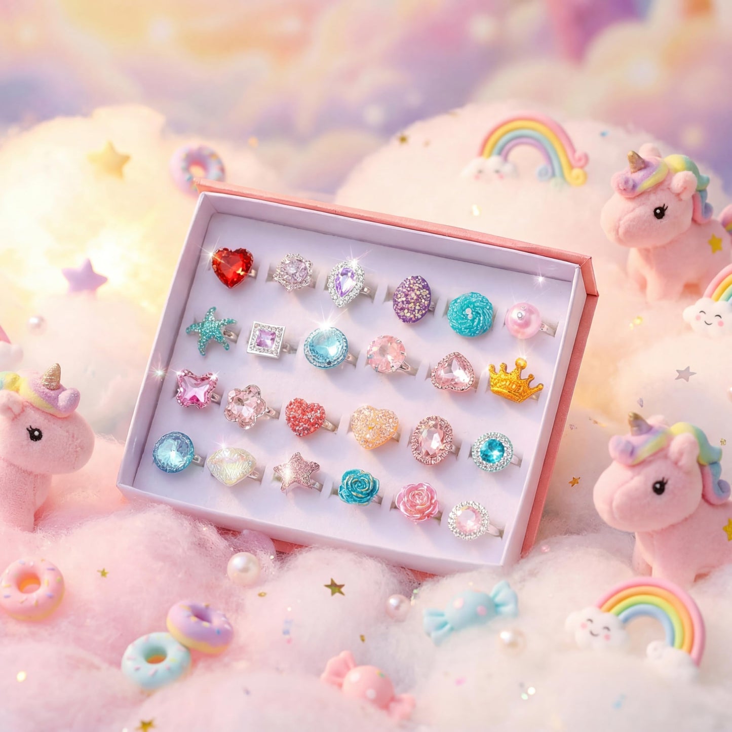 PASEMM 24-Piece Adjustable Little Girl Rings Set in Pink Gift Box | Non-Duplicate Dress-Up Jewelry for Ages 4-12