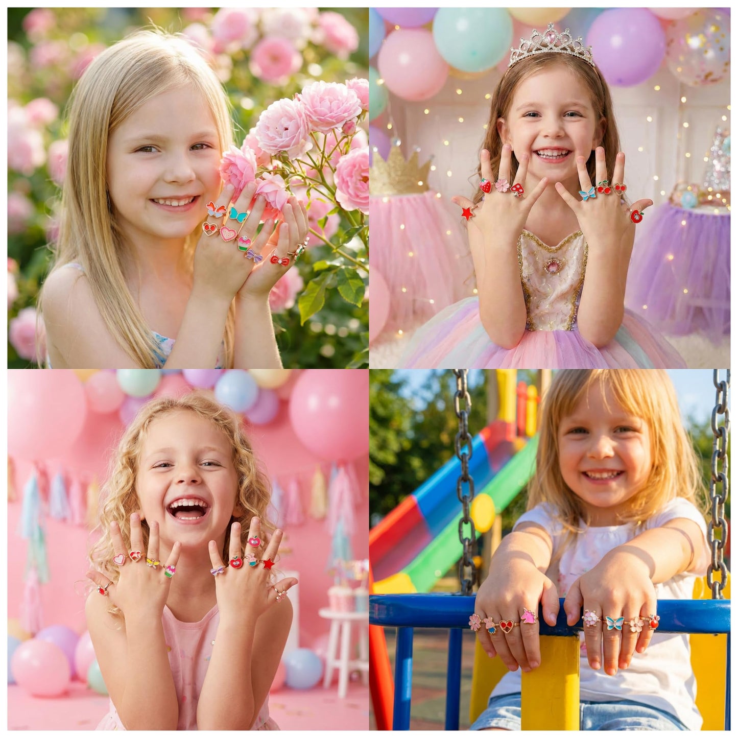 PASEMM 36pc Adjustable Little Girl Rings | Colorful Dress-Up Jewelry for Kids 4–12