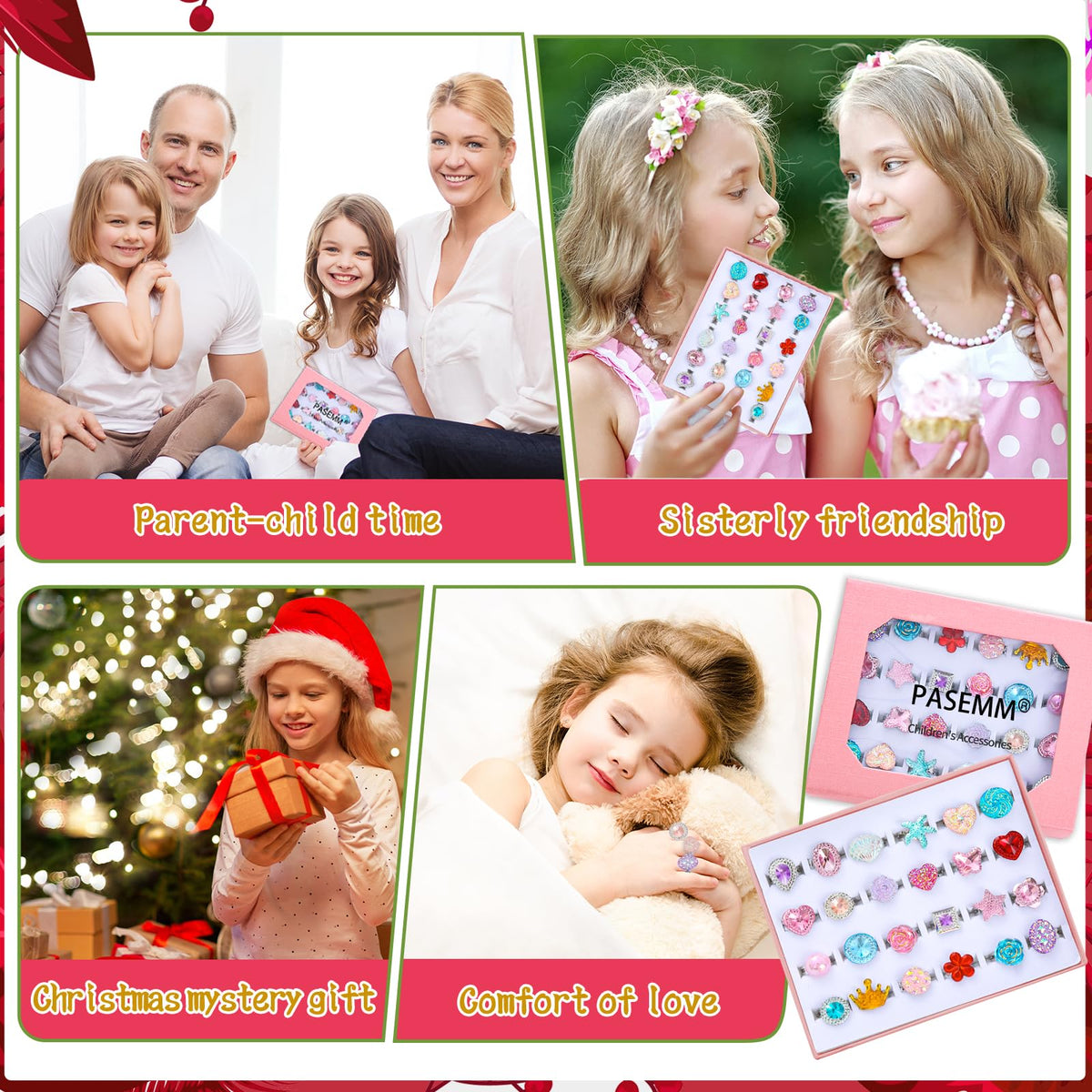 PASEMM 24-Piece Adjustable Little Girl Rings Set in Pink Gift Box | Non-Duplicate Dress-Up Jewelry for Ages 4-12