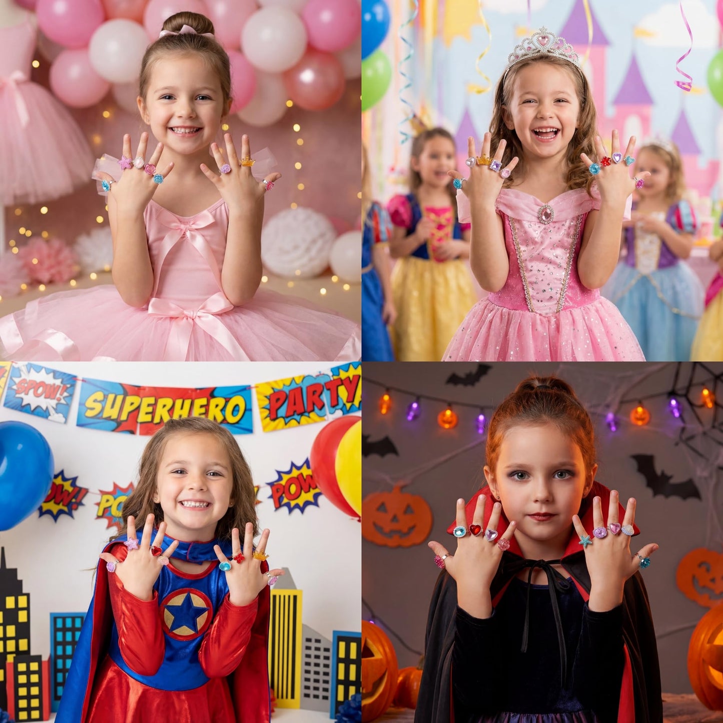 PASEMM 24-Piece Adjustable Little Girl Rings Set in Pink Gift Box | Non-Duplicate Dress-Up Jewelry for Ages 4-12