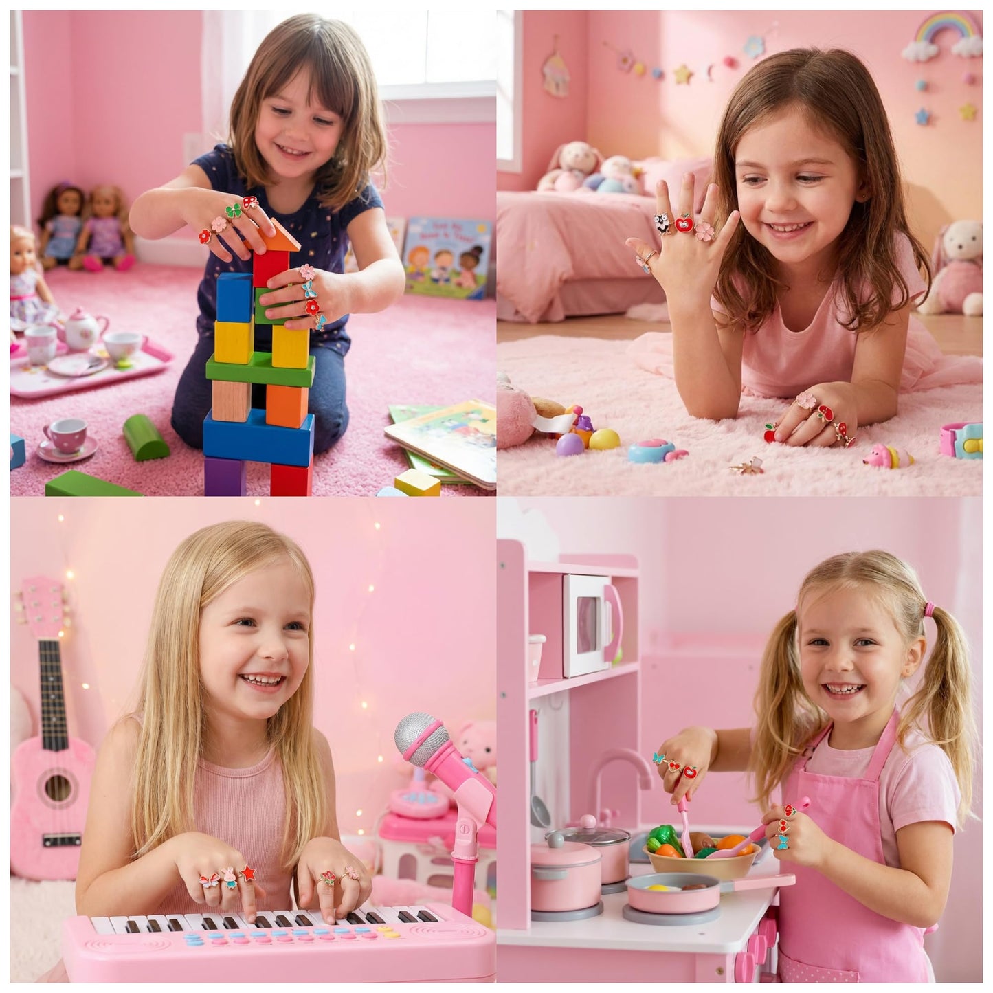 PASEMM 36pc Adjustable Little Girl Rings | Colorful Dress-Up Jewelry for Kids 4–12