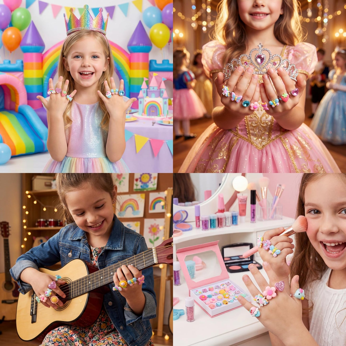 PASEMM 24-Piece Adjustable Little Girl Rings | No Duplication Dress-Up Set