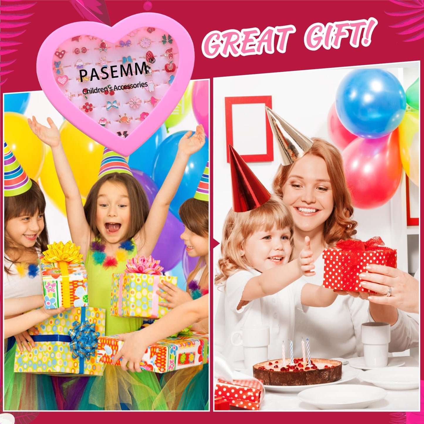 PASEMM 36pc Adjustable Little Girl Rings | Colorful Dress-Up Jewelry for Kids 4–12