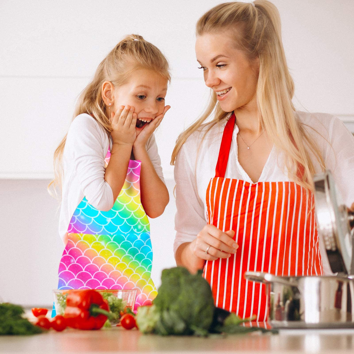 PASHOP 2 Pack Mermaid Kids Aprons with Pockets – Waterproof, Adjustable for Cooking, Painting & Baking