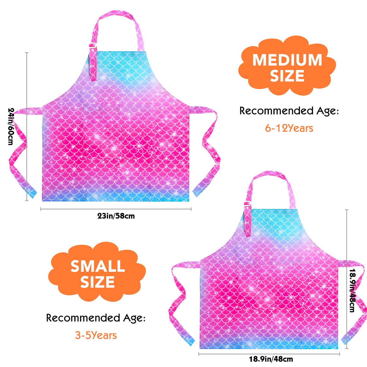 PASHOP 2 Pack Mermaid Kids Aprons with Pockets – Waterproof, Adjustable for Cooking, Painting & Baking