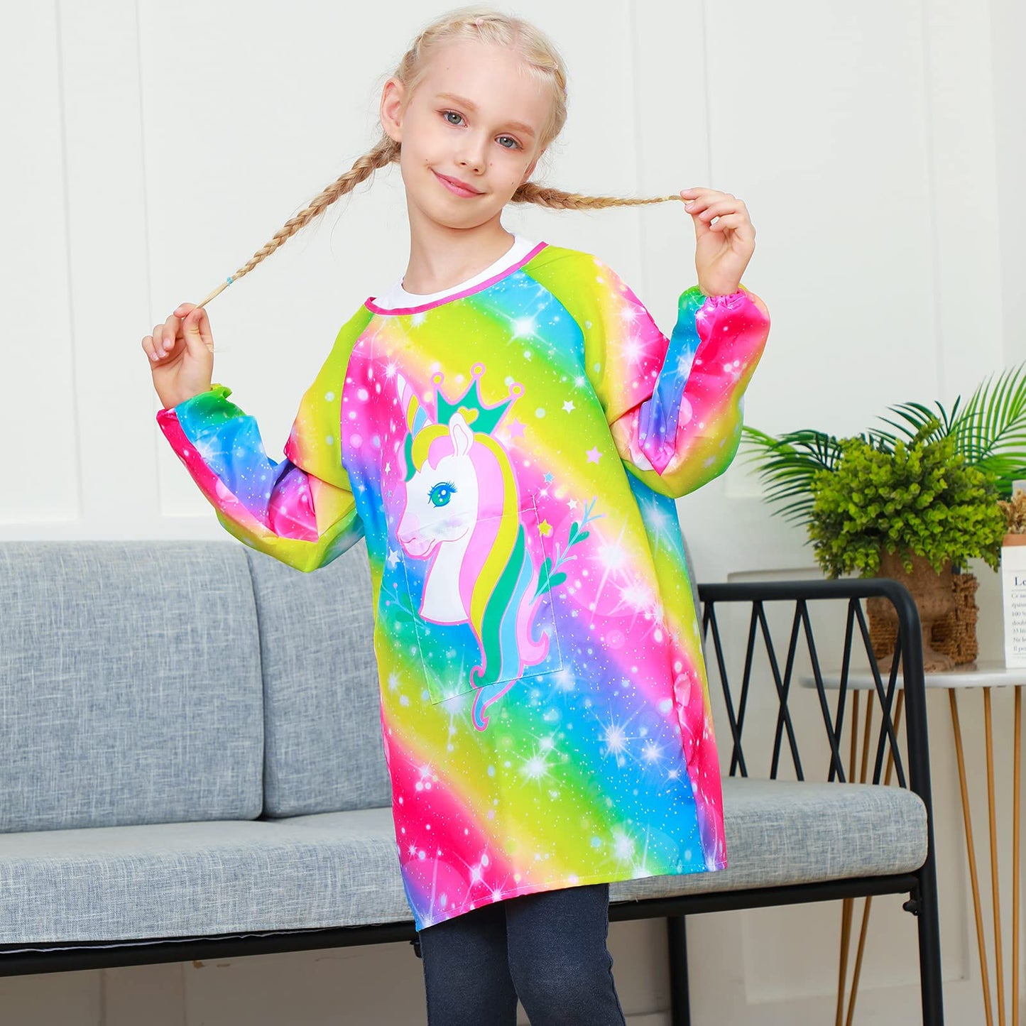 PASHOP Kids Art Smock Unicorn Waterproof Painting Apron for 3-12 Years