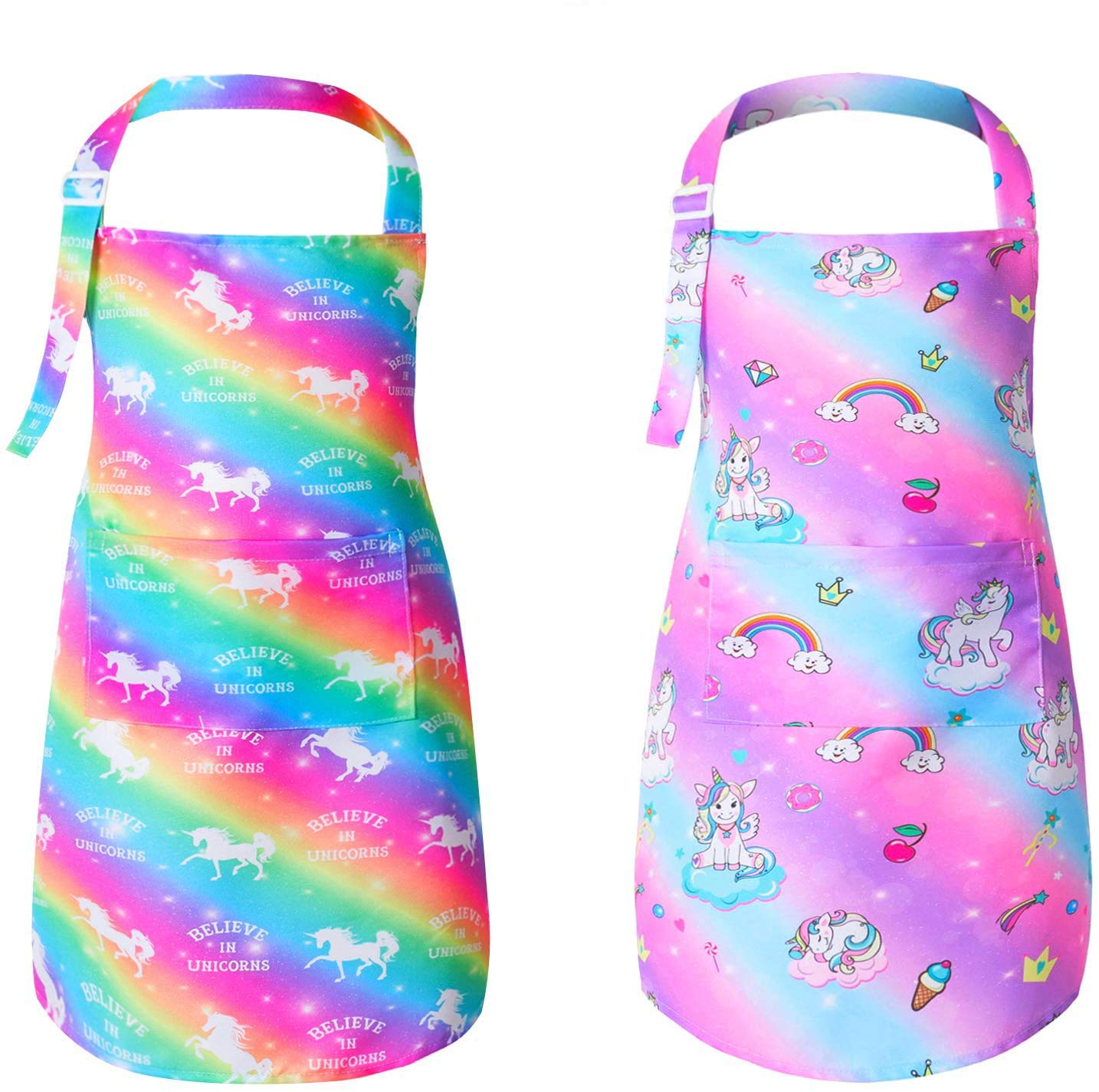 PASHOP 2 Pack Kids Apron Rainbow Unicorn – Adjustable Waterproof Toddler Aprons with Pockets