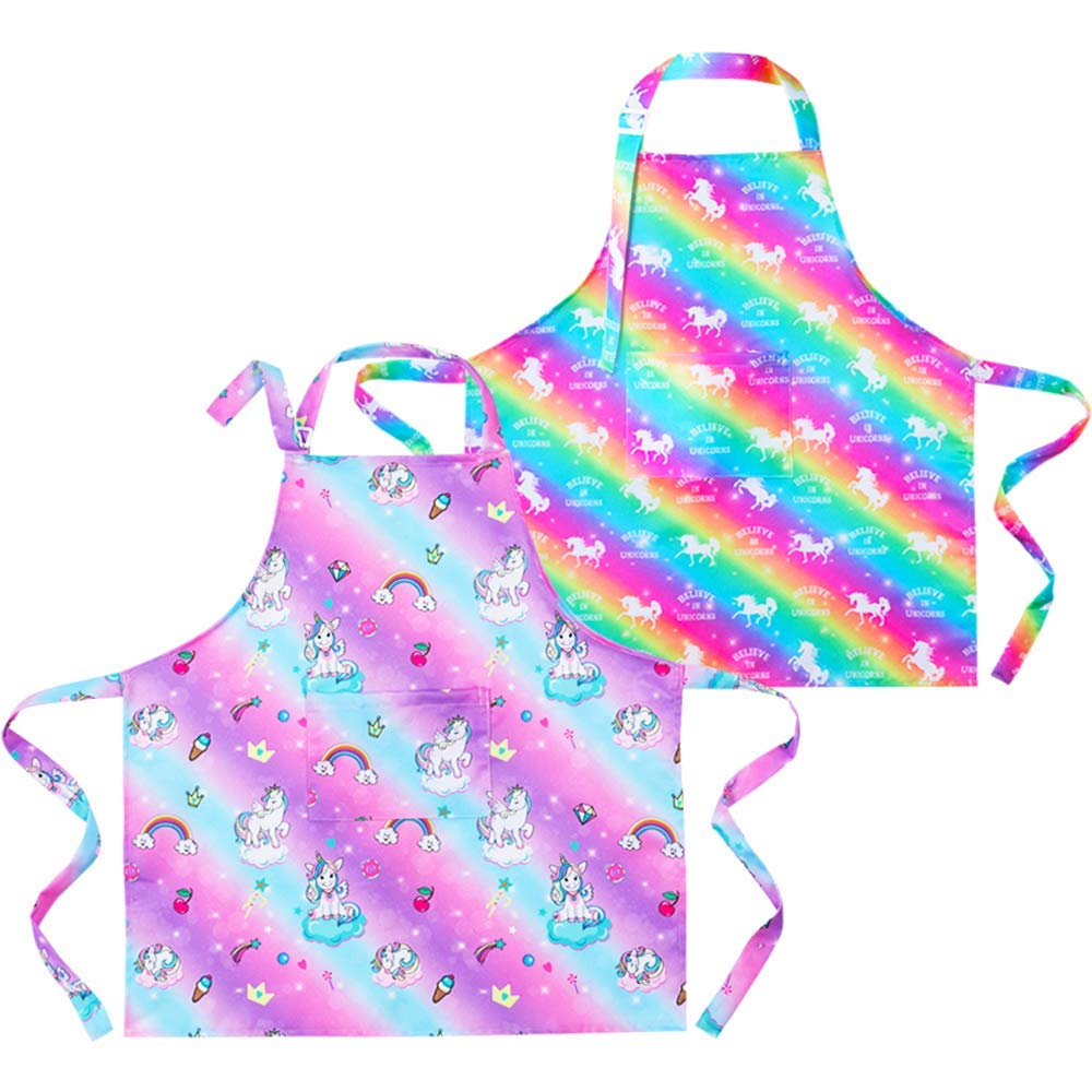 PASHOP 2 Pack Kids Apron Rainbow Unicorn – Adjustable Waterproof Toddler Aprons with Pockets