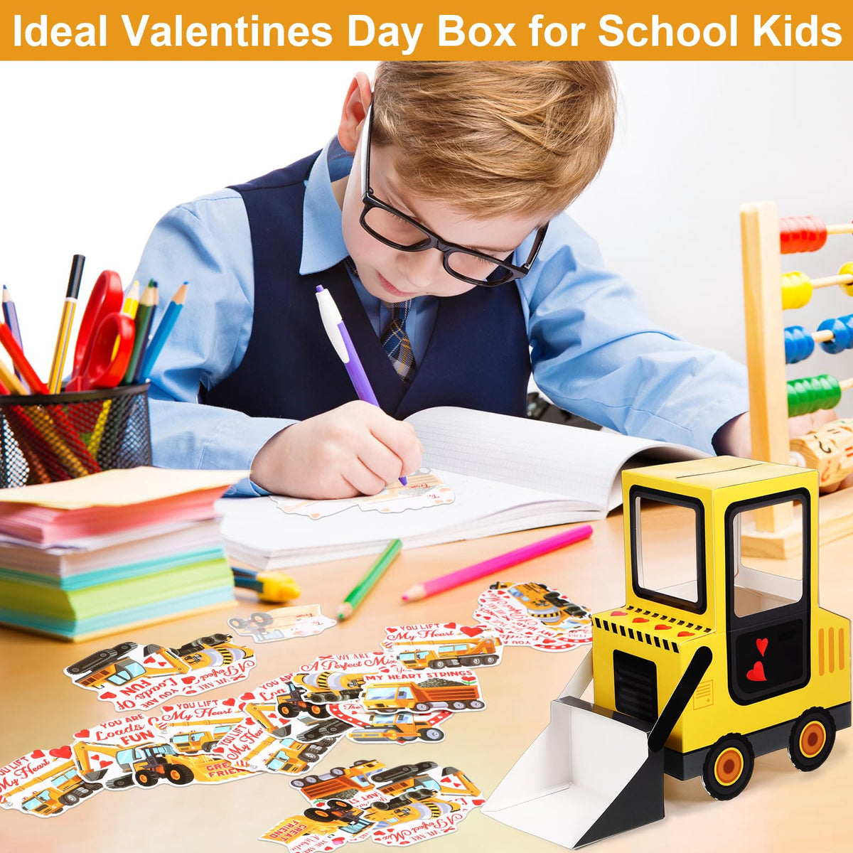 Pasimy DIY Valentines Day Mailbox with 34 Construction Vehicle Cards – Bulldozer Theme for Kids