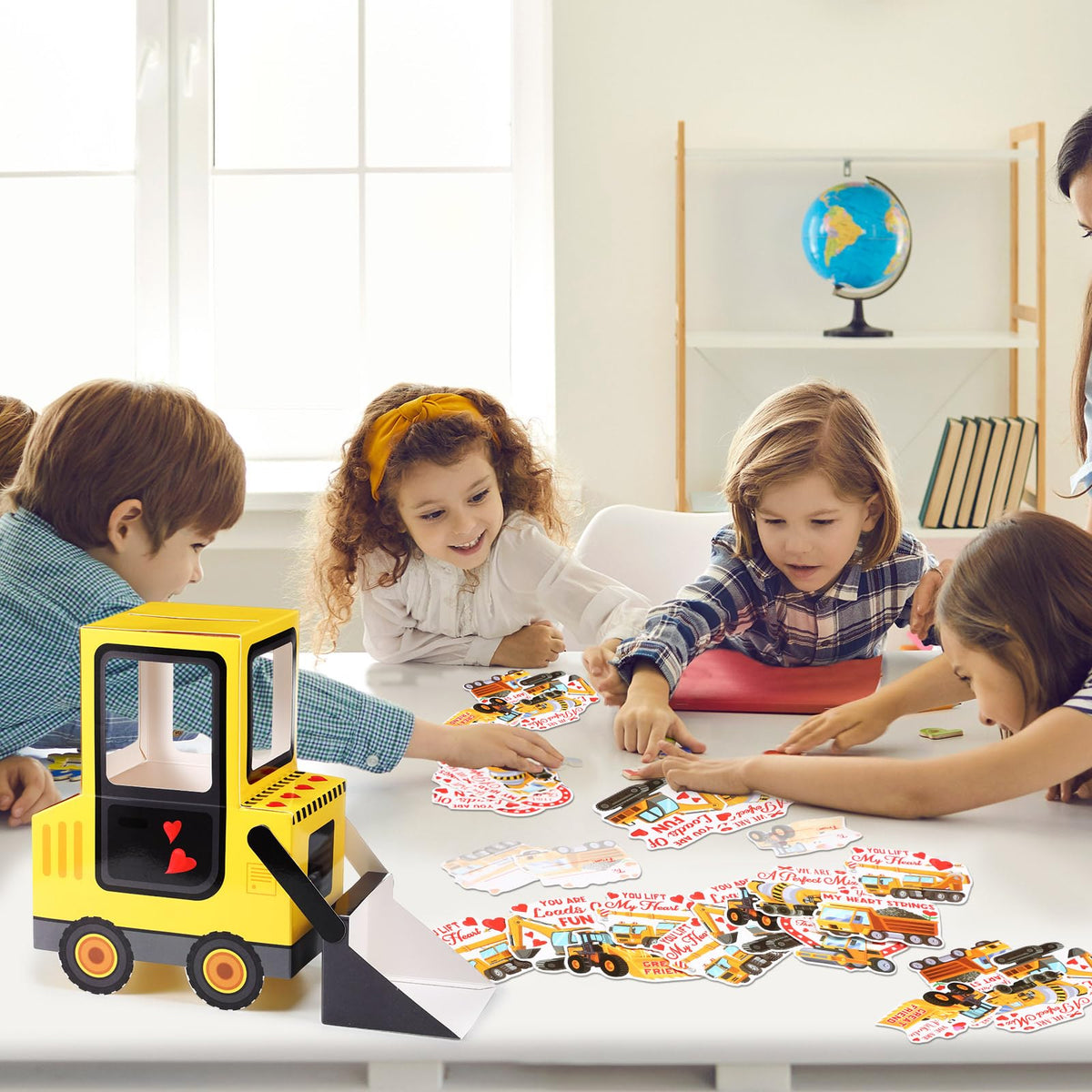 Pasimy DIY Valentines Day Mailbox with 34 Construction Vehicle Cards – Bulldozer Theme for Kids