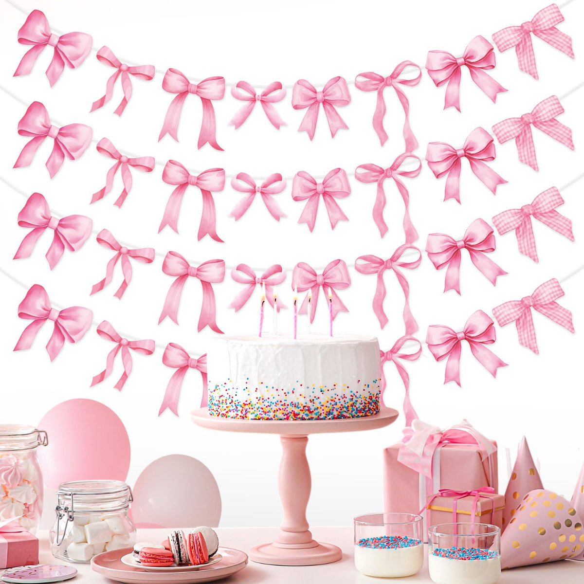 Pasimy 5Pcs Pink Bow Garland Banner – Coquette Party Decorations for Baby Shower & Wedding