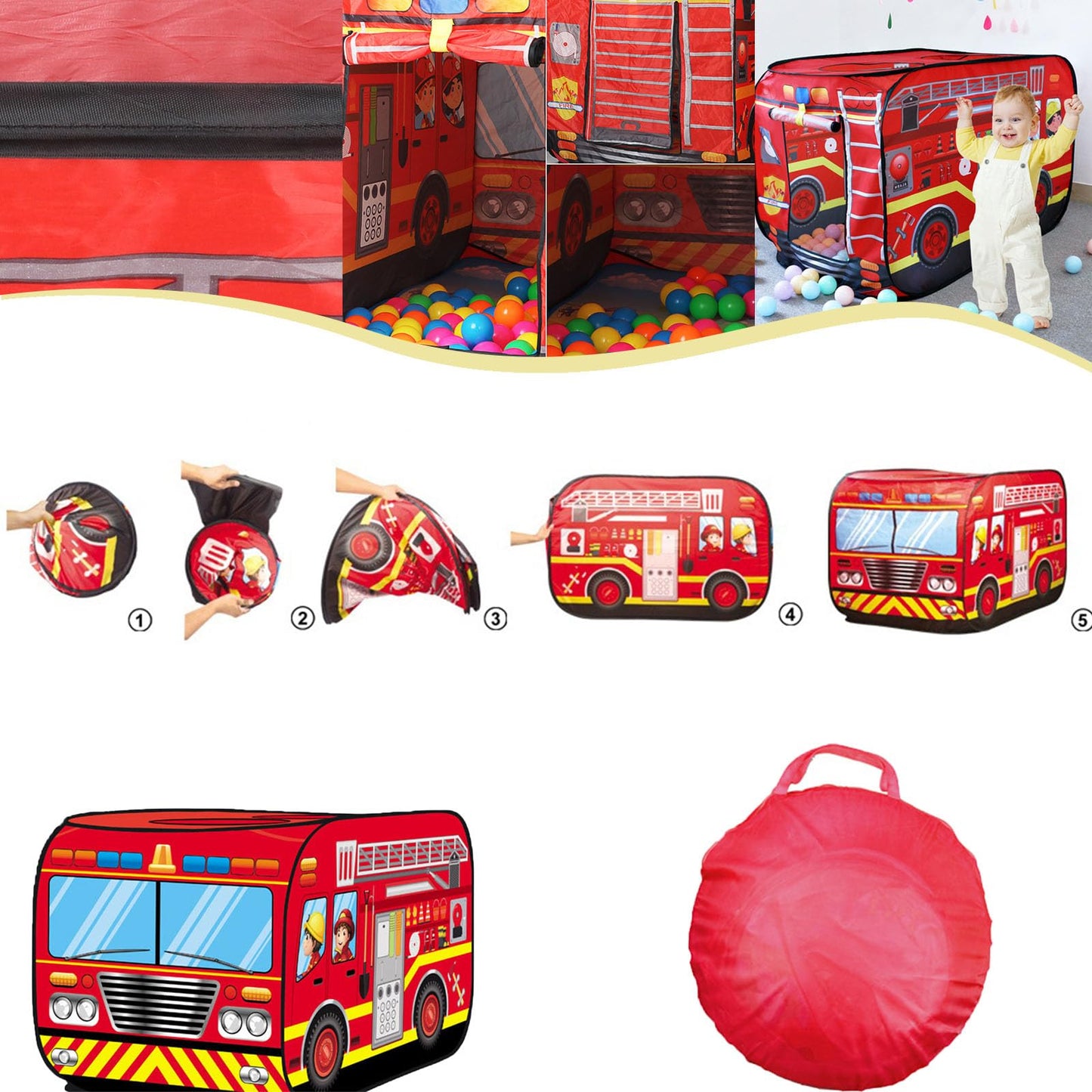 PASUXI Pop Up Fire Truck Tent for Kids | Quick-Set Playhouse 3+