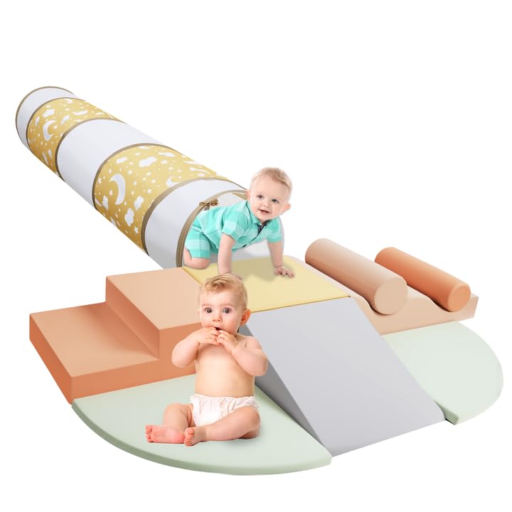 PATAZOK Climbing Toys for Toddlers – 9-Piece Soft Foam Set with Crawl-Through Tunnel | Indoor Foam Play Gym