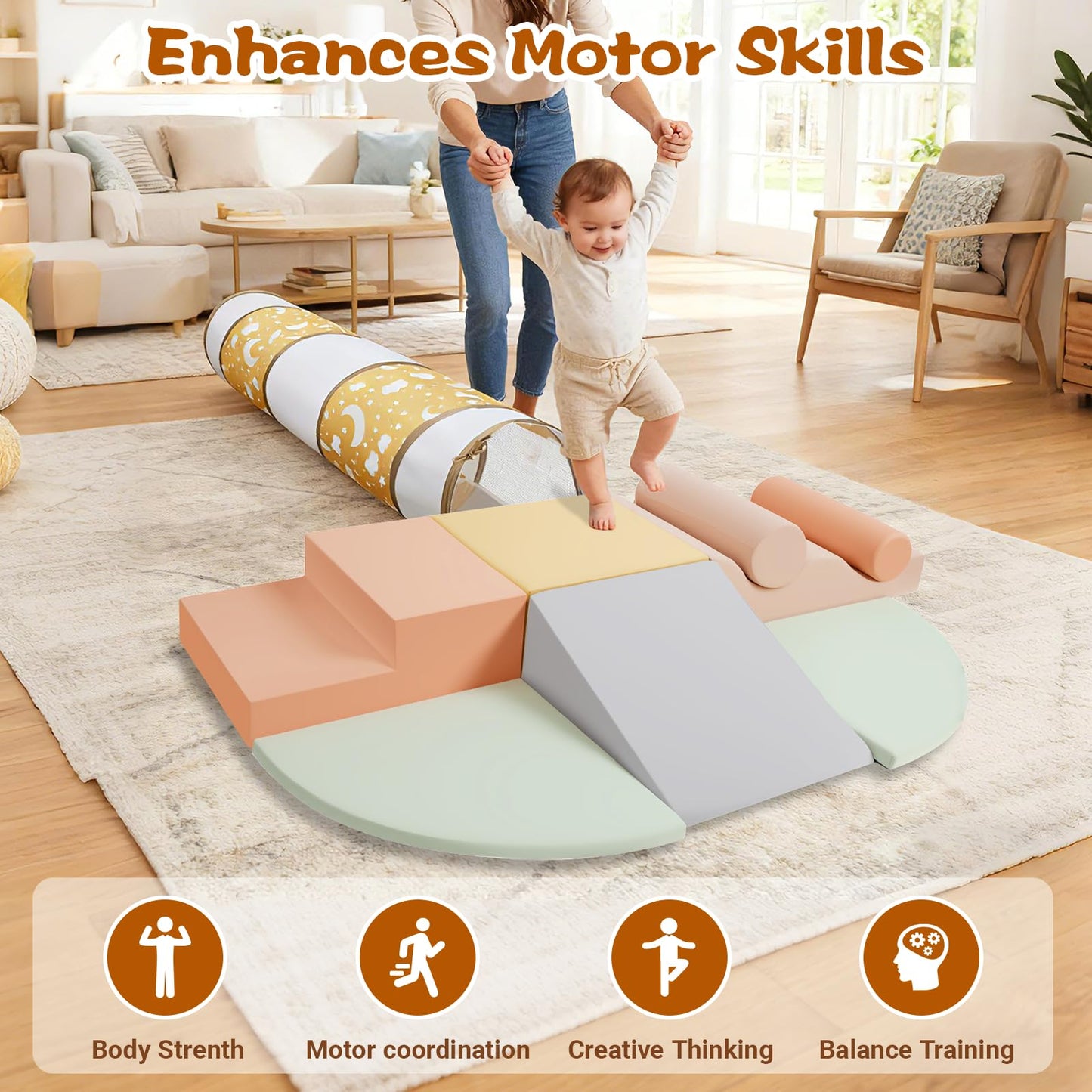 PATAZOK Climbing Toys for Toddlers – 9-Piece Soft Foam Set with Crawl-Through Tunnel | Indoor Foam Play Gym