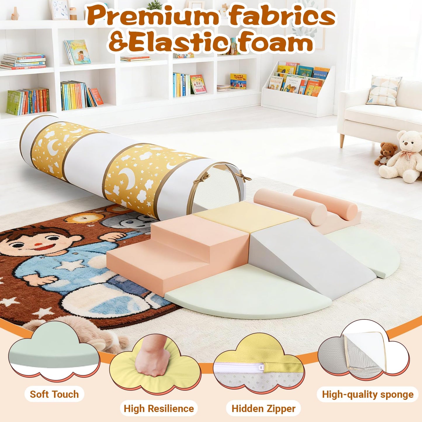 PATAZOK Climbing Toys for Toddlers – 9-Piece Soft Foam Set with Crawl-Through Tunnel | Indoor Foam Play Gym