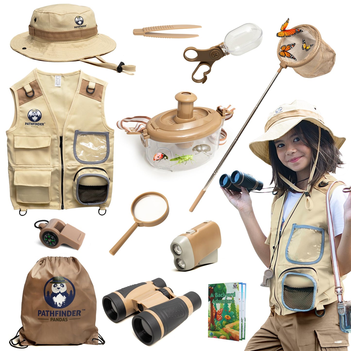 PATHFINDER PANDAS Kids Explorer Kit – Safari Vest & Hat, Bug Catcher Set (Ages 3-7)