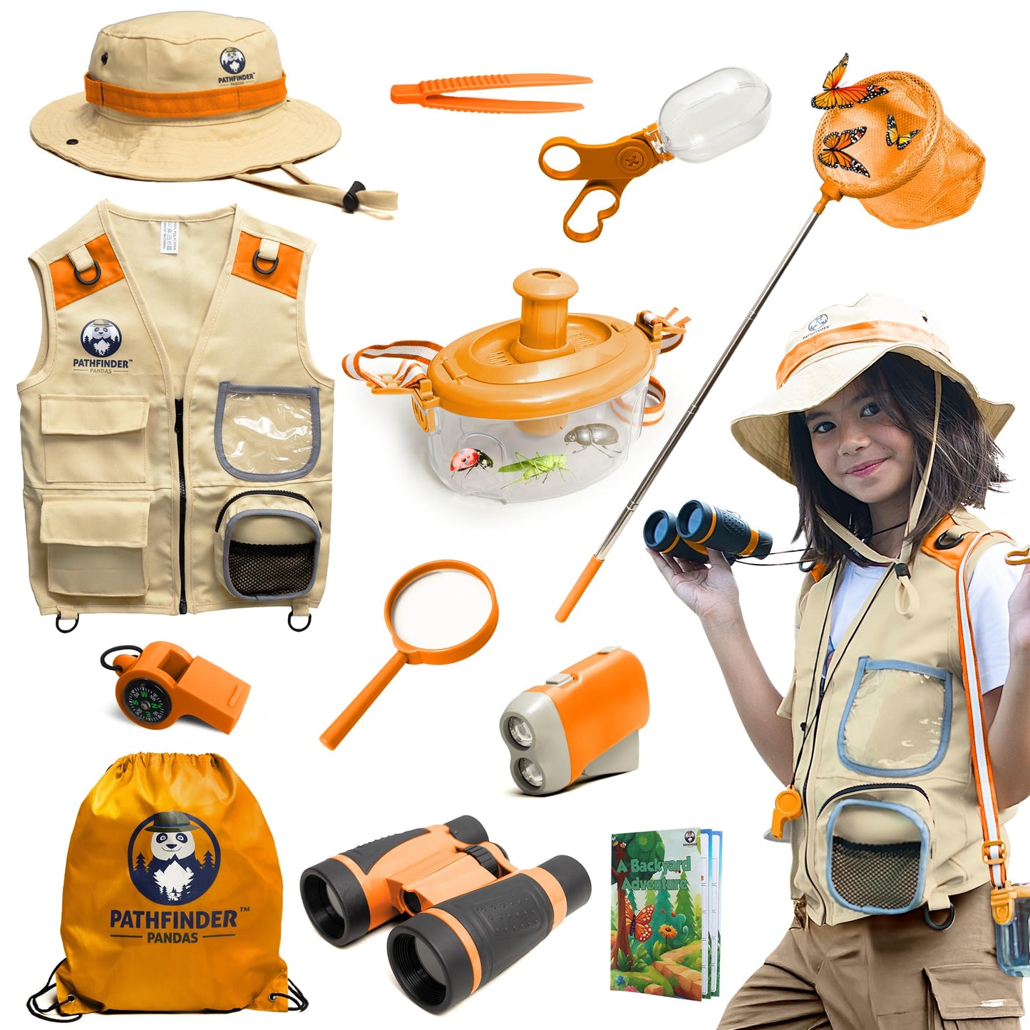 PATHFINDER PANDAS Kids Explorer Kit – Safari Vest & Hat, Bug Catching Kit, Adventure Guide for 3–7 Year Olds