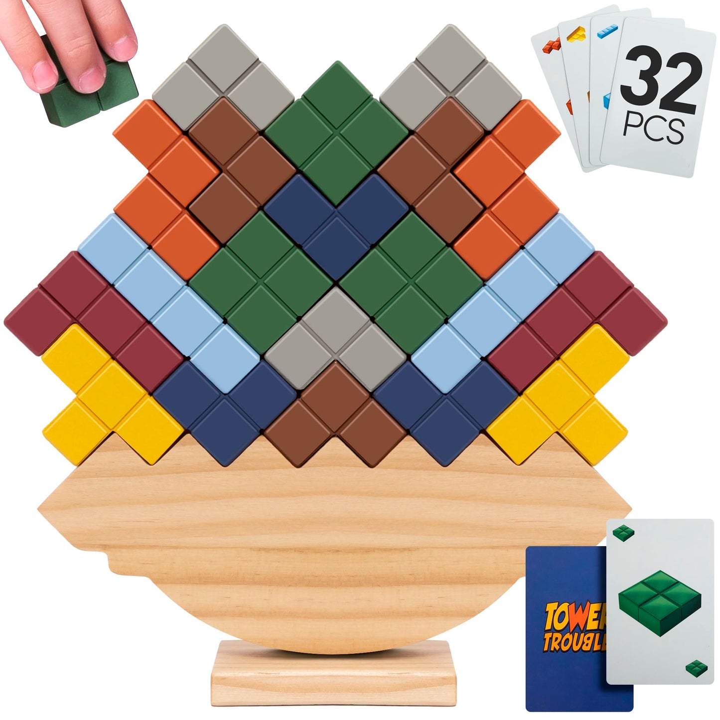 PATHFINDER PANDAS Tower Stack Game – 32-Piece Wooden Balance Game for Kids & Adults