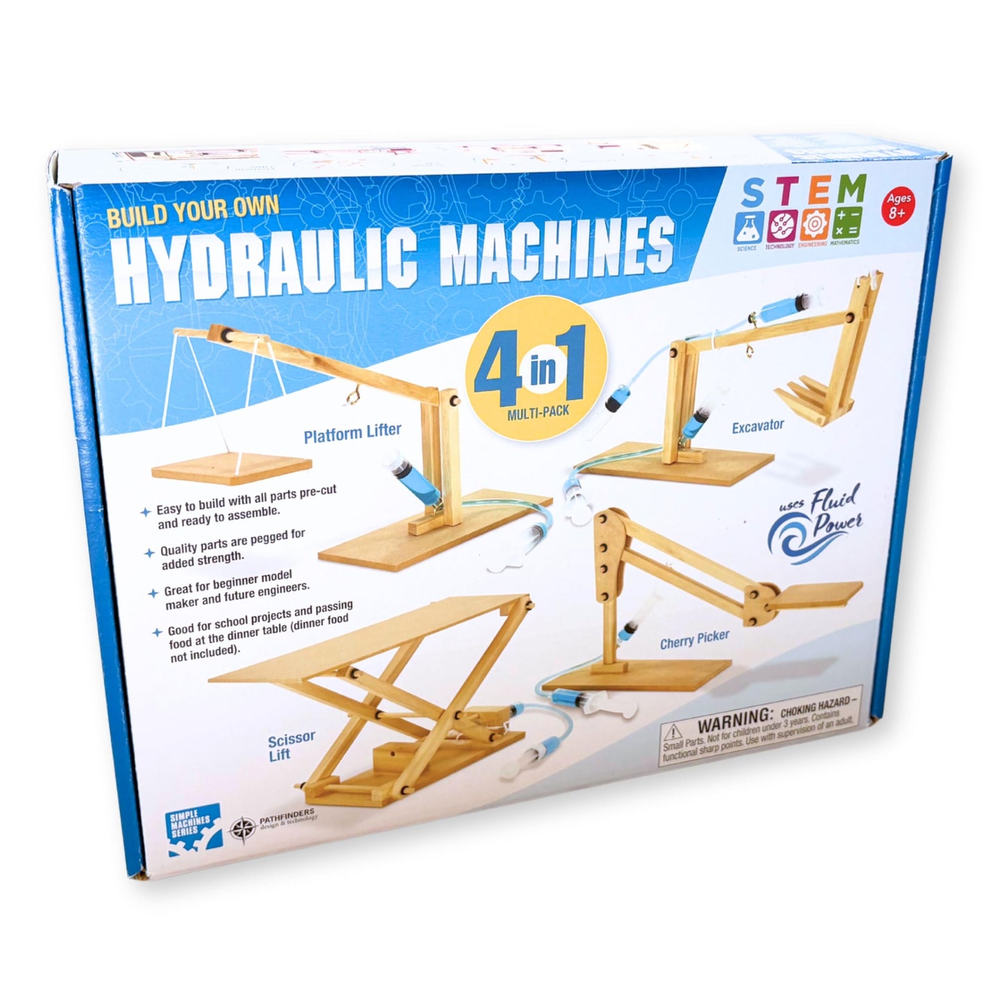 Pathfinders Hydraulics 4-in-1 STEM Kit – Build Scissor Lift, Crane, Excavator Arm, Platform Lifter | Wooden Educational Toy for Ages 8+