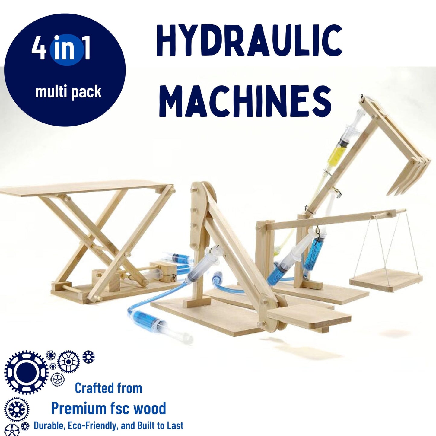 Pathfinders Hydraulics 4-in-1 STEM Kit – Build Scissor Lift, Crane, Excavator Arm, Platform Lifter | Wooden Educational Toy for Ages 8+