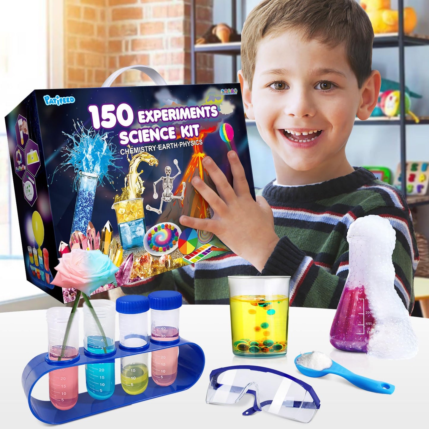 PATIFEED 150 Experiments Science Kit for Kids — STEM Chemistry Set, Volcano & Geode Activities