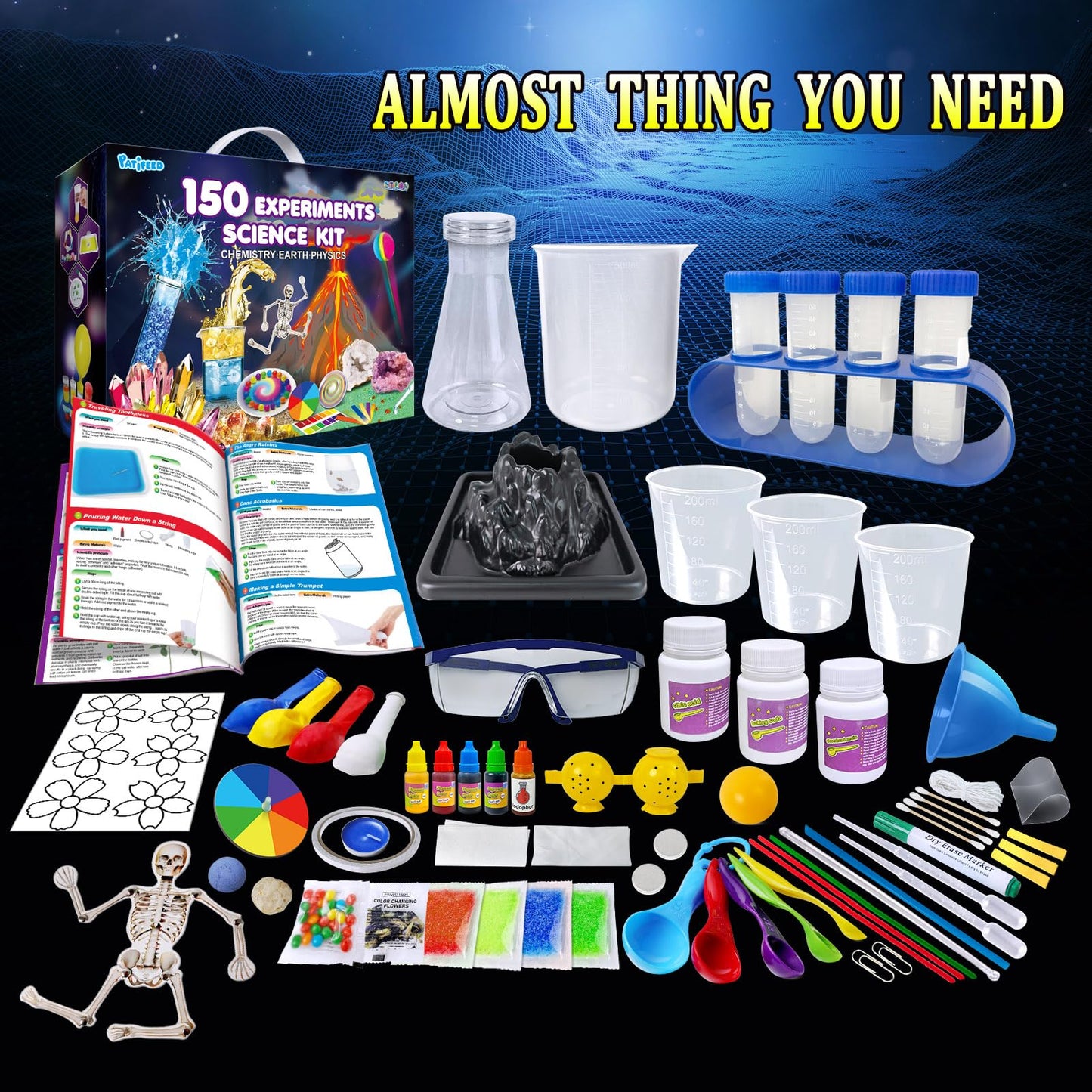 PATIFEED 150 Experiments Science Kit for Kids — STEM Chemistry Set, Volcano & Geode Activities