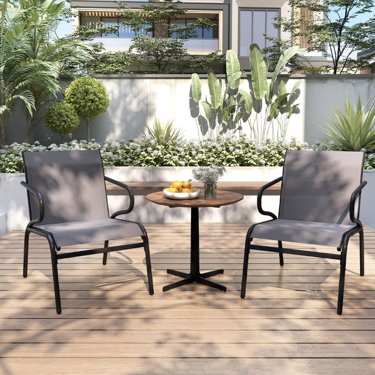 Patio Chairs Set of 2 with Breathable Fabric and Metal Frame-Grey