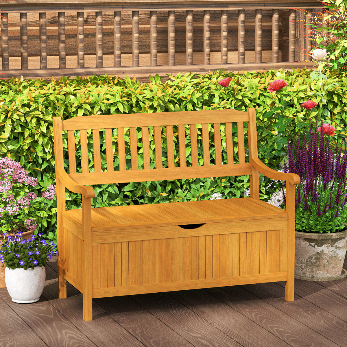 Patio Wood Storage Bench with 125L Inner Space and Slatted Backrest