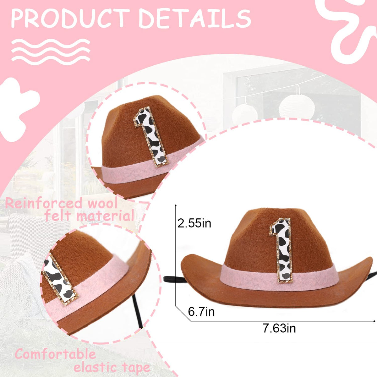 PATRDIO Cowboy First Birthday Hat - Pink Western Photo Prop for Baby
