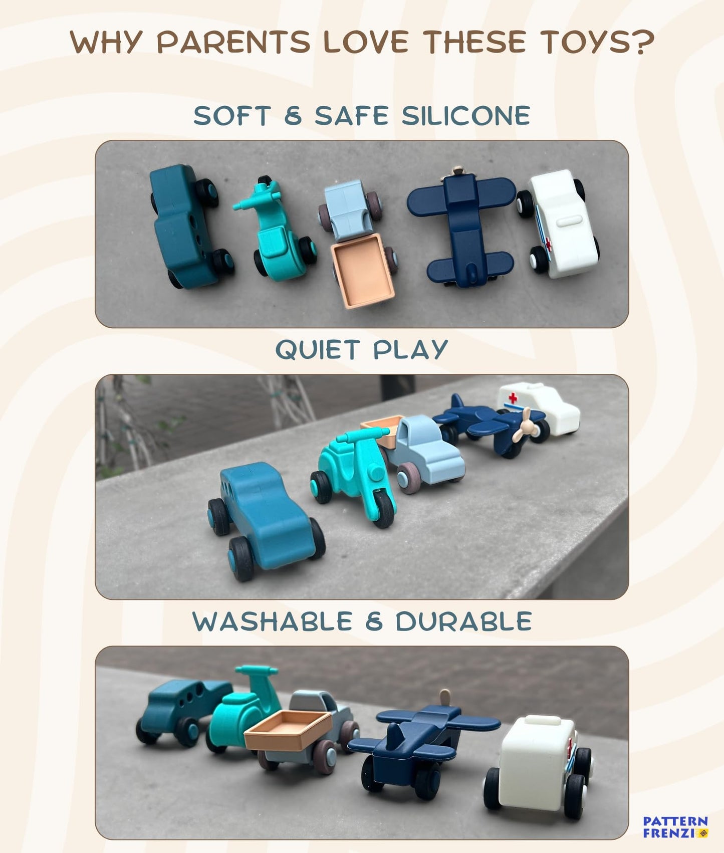 Pattern Frenzi Silicone Toy Cars for Kids 3+ | Soft, Safe, Quiet 5-Piece Set