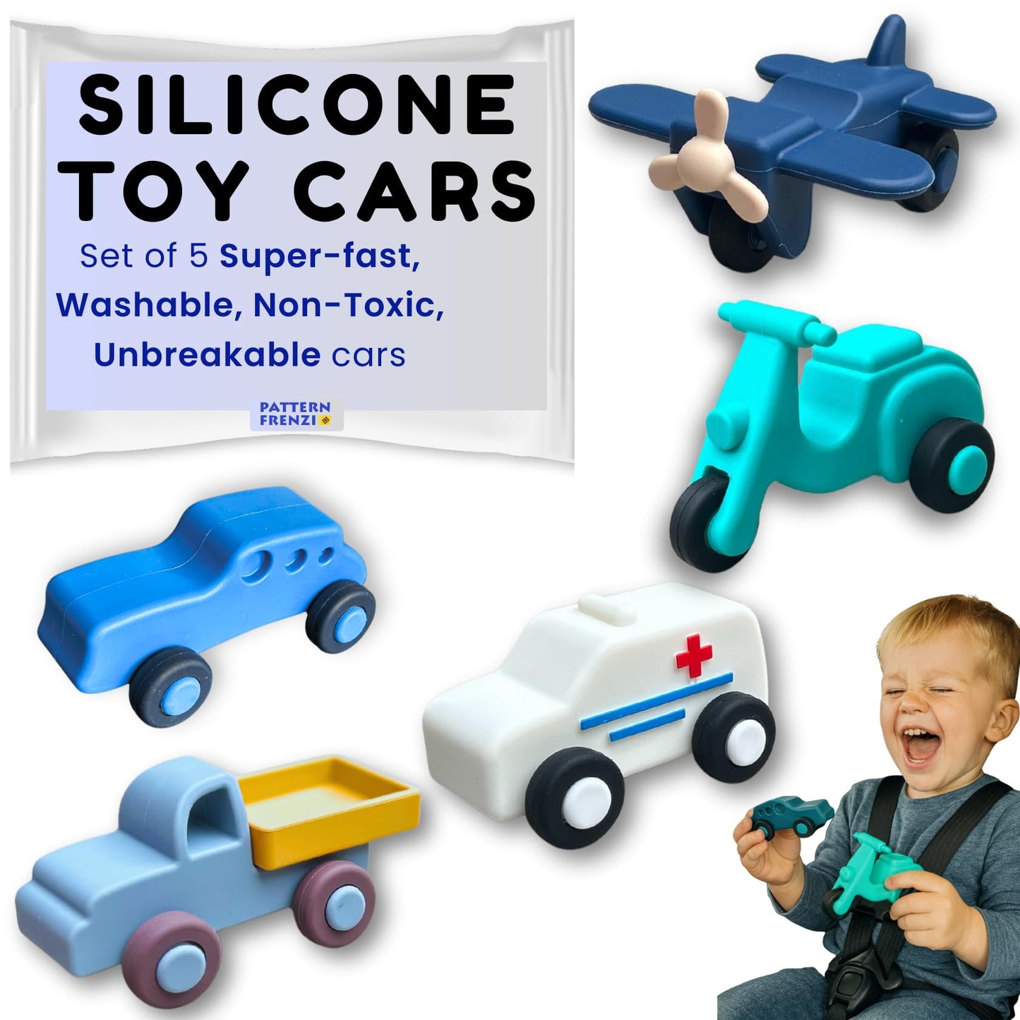 Pattern Frenzi Silicone Toy Cars for Kids 3+ | Soft, Safe, Quiet 5-Piece Set