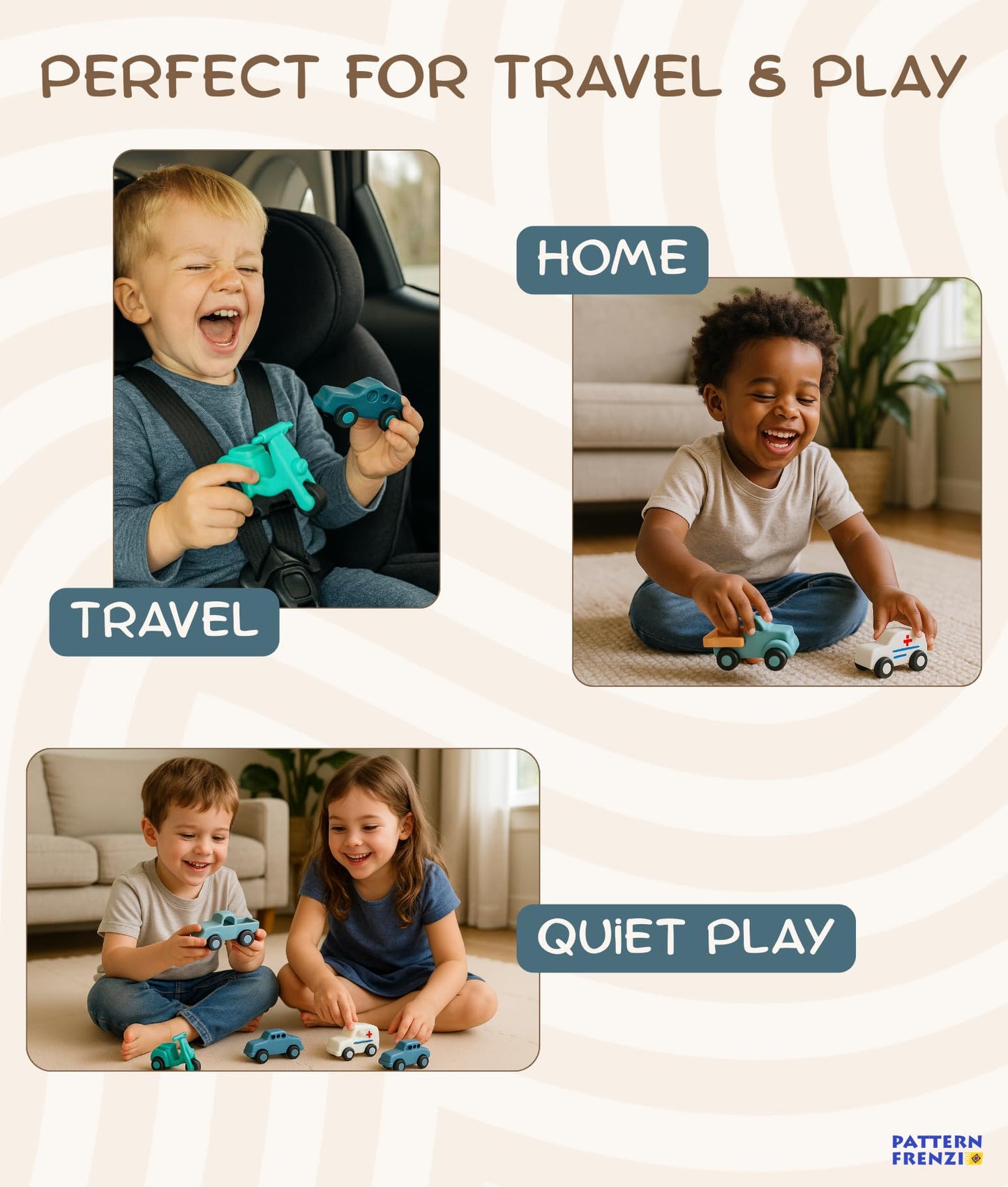 Pattern Frenzi Silicone Toy Cars for Kids 3+ | Soft, Safe, Quiet 5-Piece Set