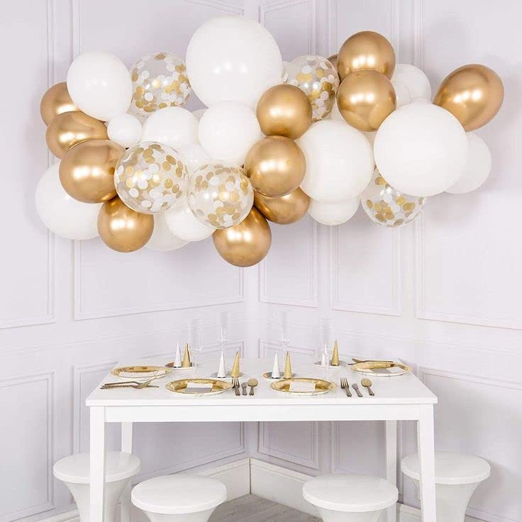 PATYDECRO White & Gold Confetti Balloons – 50 Pack, 12-inch, Party Decor for Weddings & More